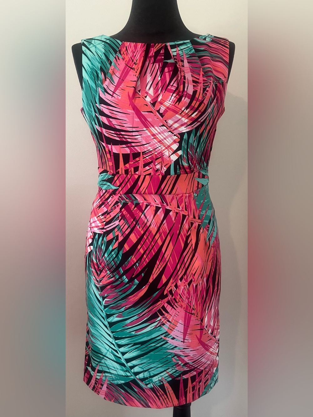Signature by Sangria Vibrant Pink & Teal Tropical Print Dress
